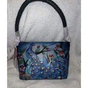 Discontinued NEW Anna by Anuschka Hand-Painted "Midnight Peacock" Med Hobo Bag